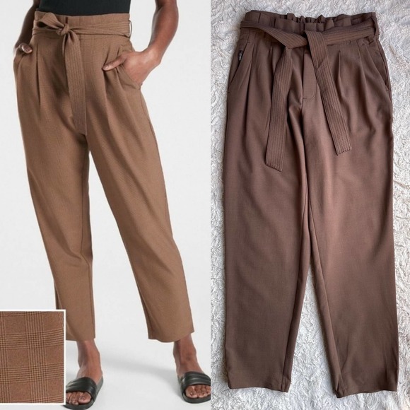 Athleta Pants - Athleta Skyline plaid pants II brown dark academia pleated paper bag waist belt